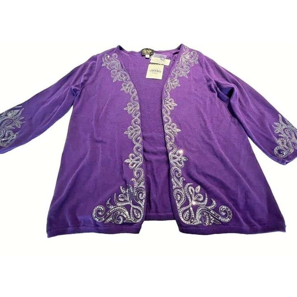 NWT Woman LG BOB MACKIE Wearable Art Purple Open Cardigan Sequin Filigree Office
